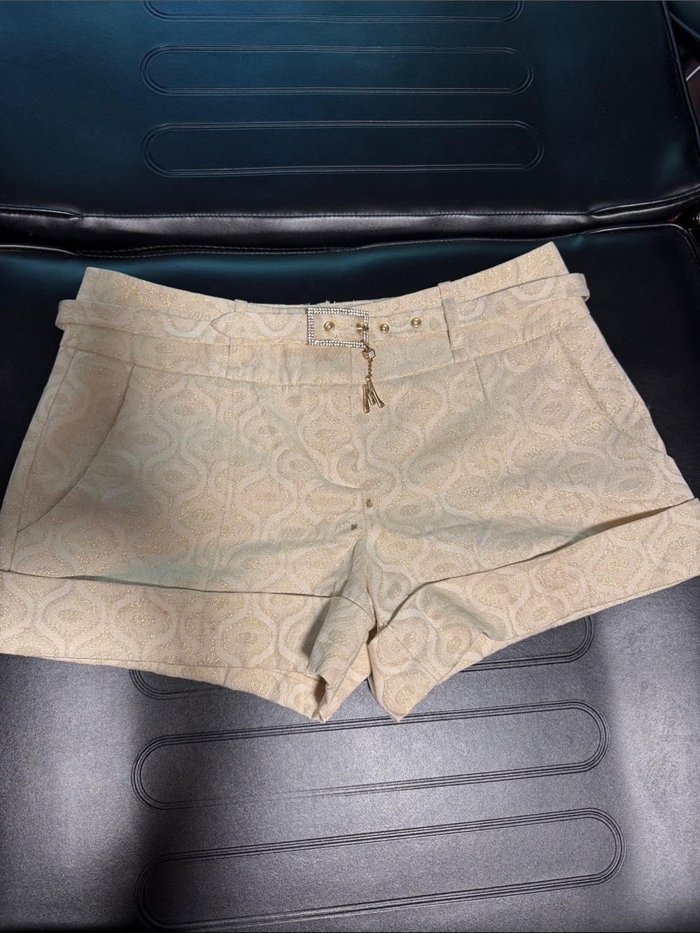 Women's Beige Patterned Dress Shorts with Decorative Charm